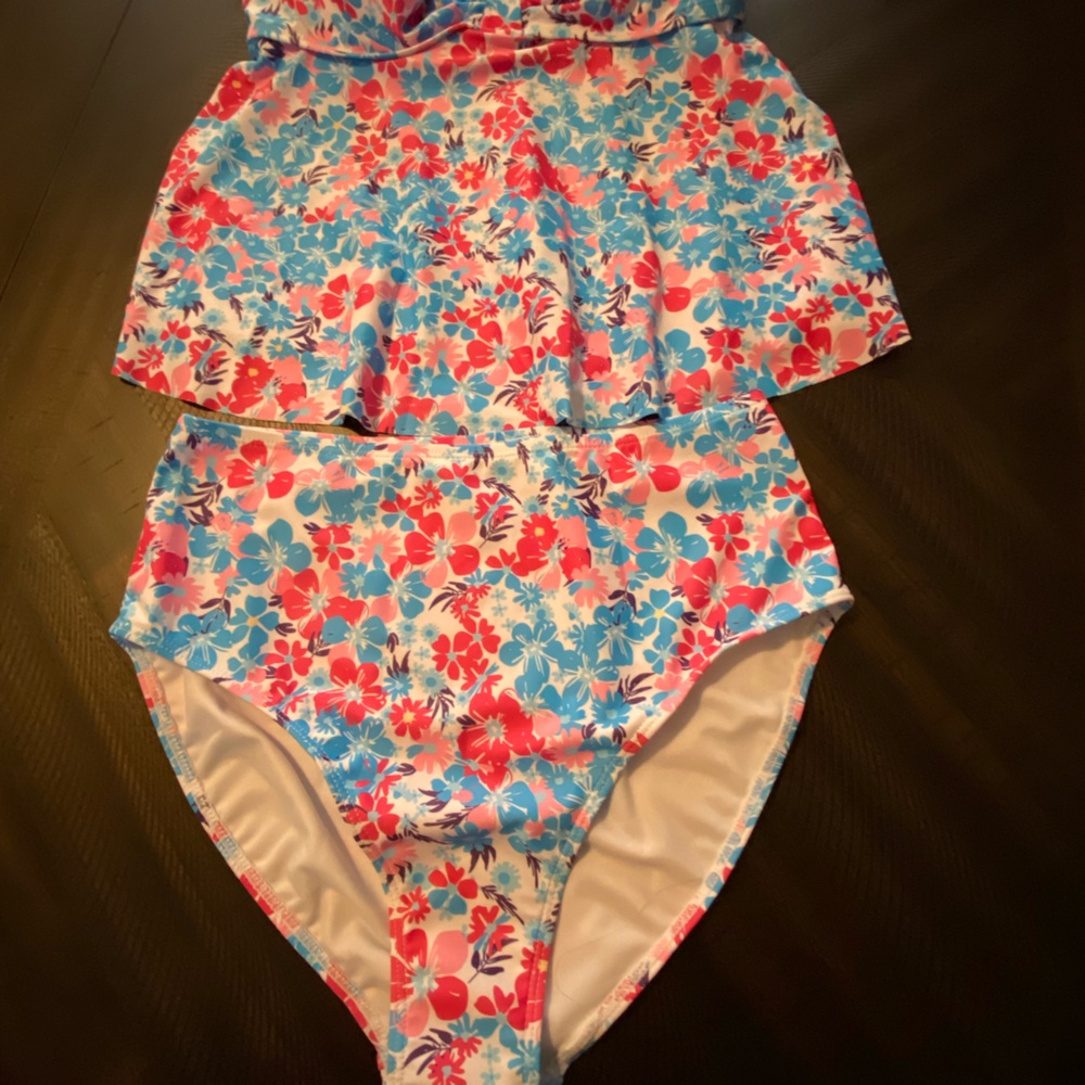 NWOT - Floral Tankini Set in Blue and Pink high cut bottoms Size OX (12)
